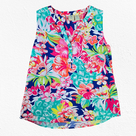 Caribbean Joe Multicolor Sleeveless Tropical Print V Neck Blouse Size Medium - Picture 2 of 7